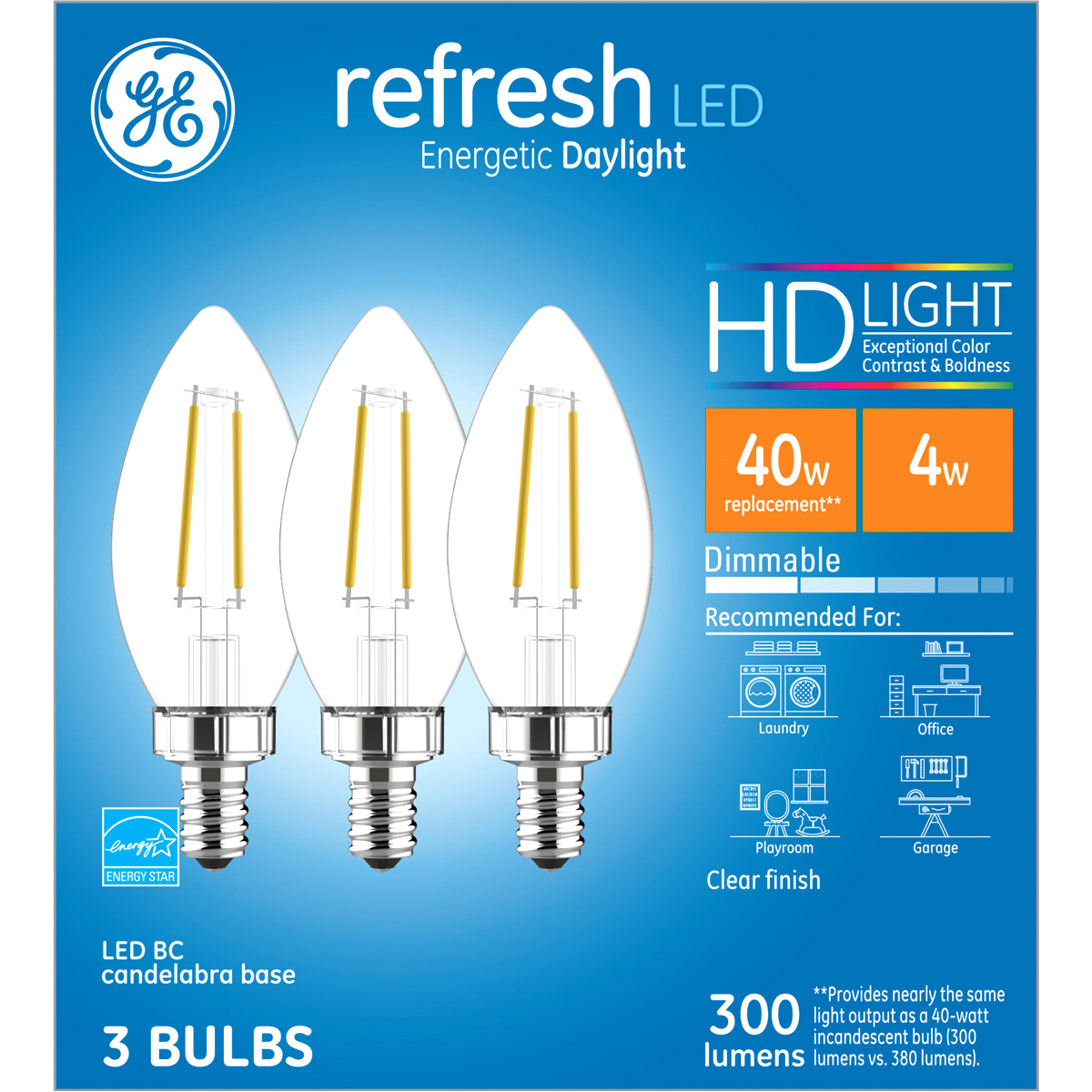 slide 1 of 5, GE Refresh Daylight HD 40W Replacement LED Light Bulbs Decorative Clear Blunt Tip Candelabra Base BC, 1 ct