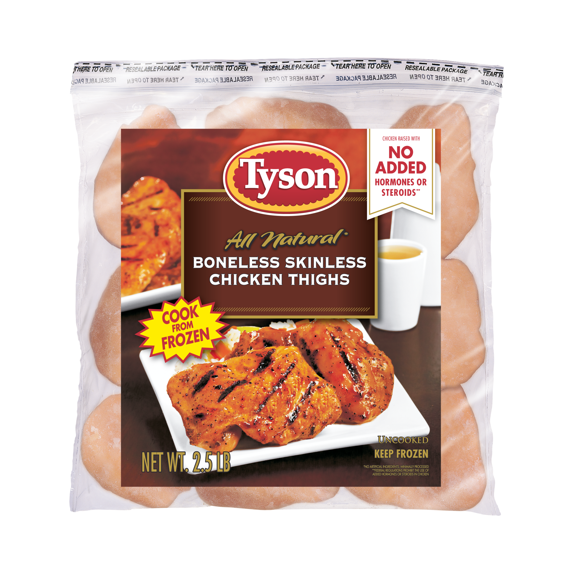 slide 1 of 5, Tyson Boneless Skinless Chicken Thighs, 2.5 lb. (Frozen), 1.13 kg