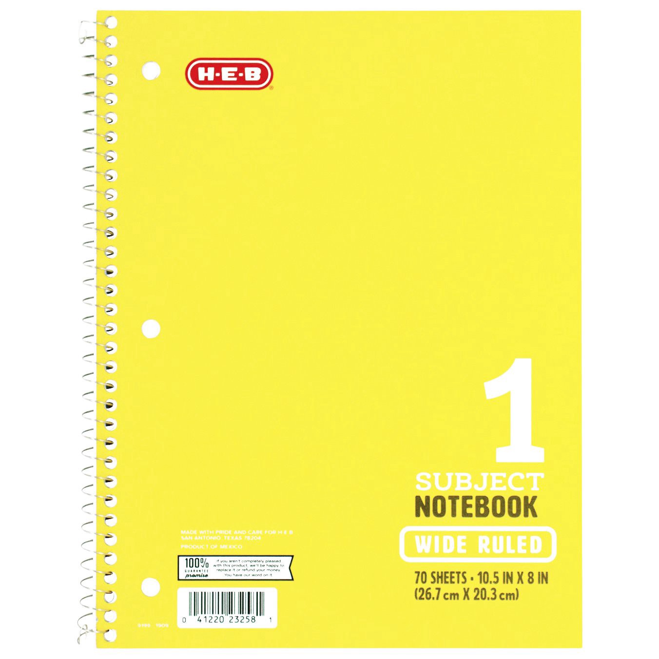 slide 1 of 1, H-E-B 1 Subject Yellow Wide-Ruled Notebook, 70 ct