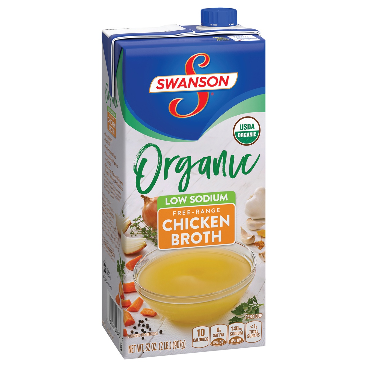 slide 2 of 11, Swanson Organic Low Sodium Free Range Chicken Broth, 32 oz