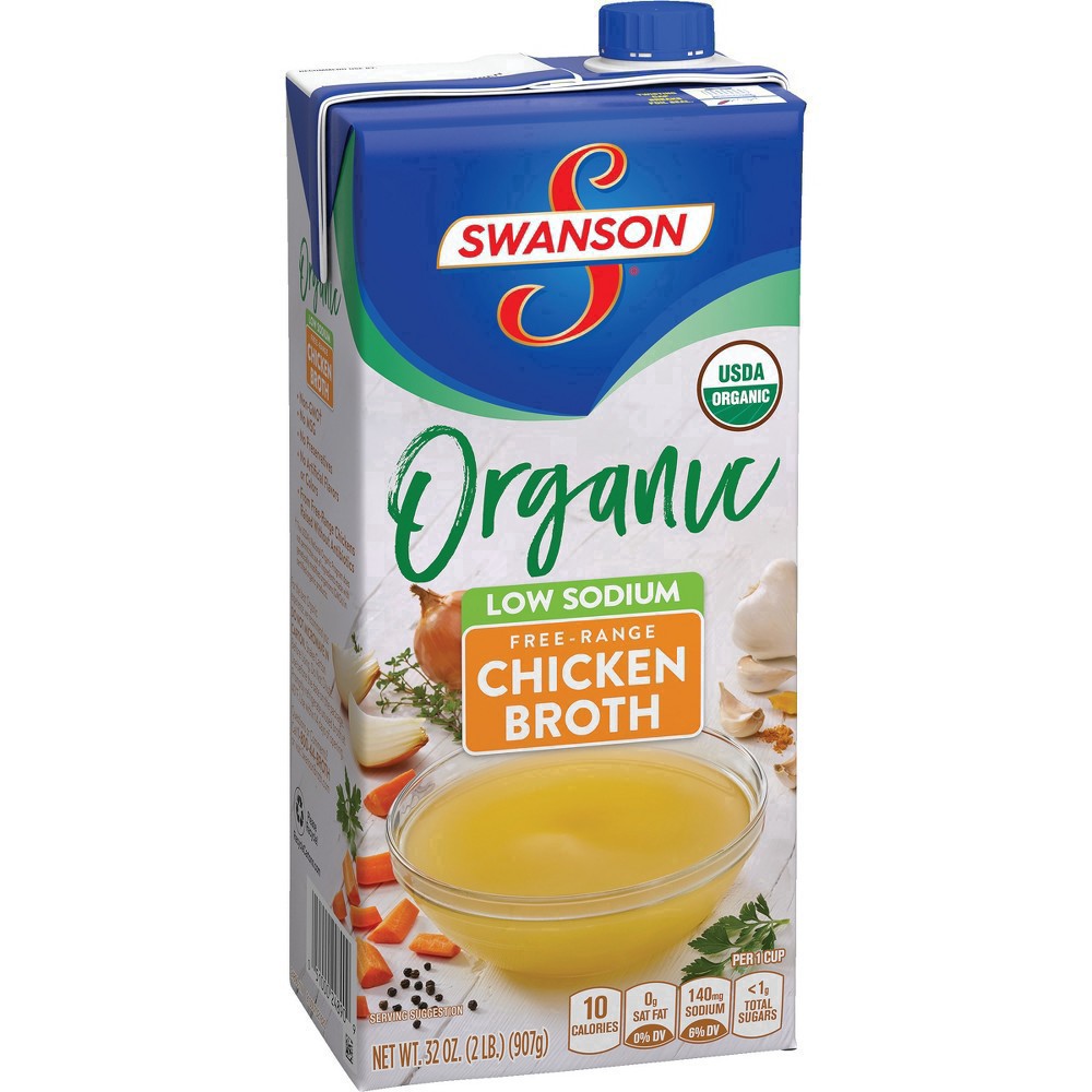 slide 22 of 34, Swanson 100% Natural Low Sodium Organic Chicken Broth, 32 oz Carton, 32 oz