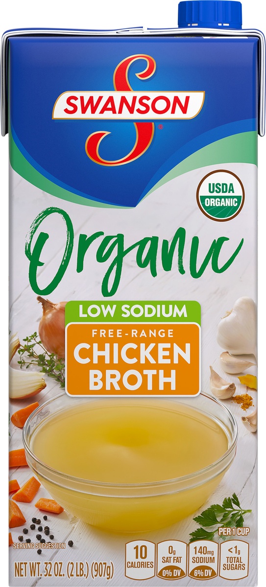 slide 9 of 11, Swanson Organic Low Sodium Free Range Chicken Broth, 32 oz