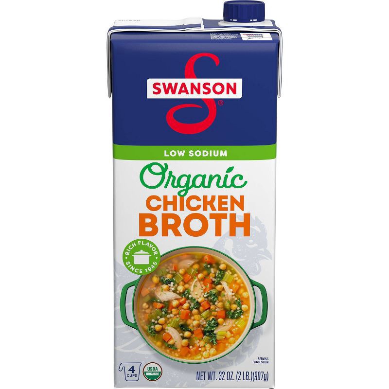 slide 1 of 34, Swanson 100% Natural Low Sodium Organic Chicken Broth, 32 oz Carton, 32 oz