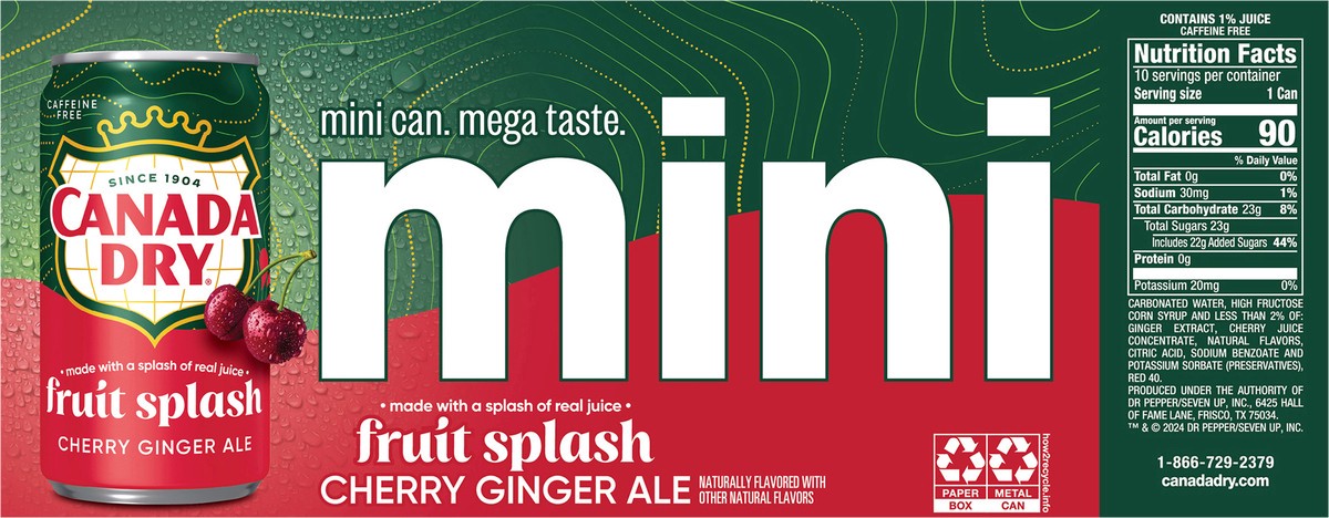 slide 7 of 12, Canada Dry Fruit Splash Cherry Ginger Ale Soda, 7.5 fl oz mini cans, 10 pack, 10 ct