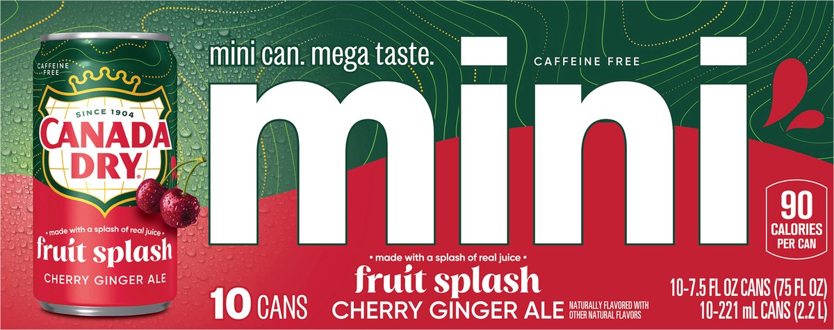 slide 11 of 12, Canada Dry Fruit Splash Cherry Ginger Ale Soda, 7.5 fl oz mini cans, 10 pack, 10 ct