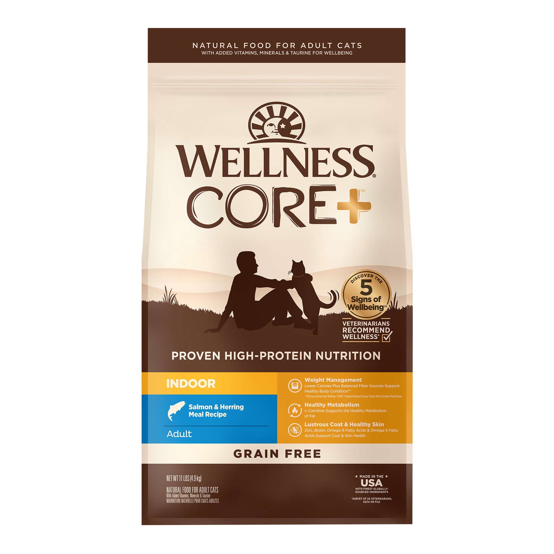 slide 1 of 5, Wellness CORE+ Grain-Free Indoor Salmon & Herring Meal Recipe Dry Cat Food, 11 Pound Bag, 11 lb