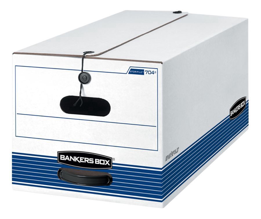 slide 3 of 4, Bankers Box Stor/File 60% Recycled Storage Boxes, String & Button, Letter, White/Blue, 3 ct; 24 in x 12 in x 10 in