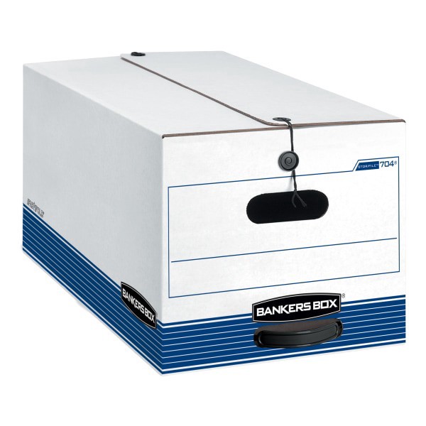 slide 1 of 4, Bankers Box Stor/File 60% Recycled Storage Boxes, String & Button, Letter, White/Blue, 3 ct; 24 in x 12 in x 10 in