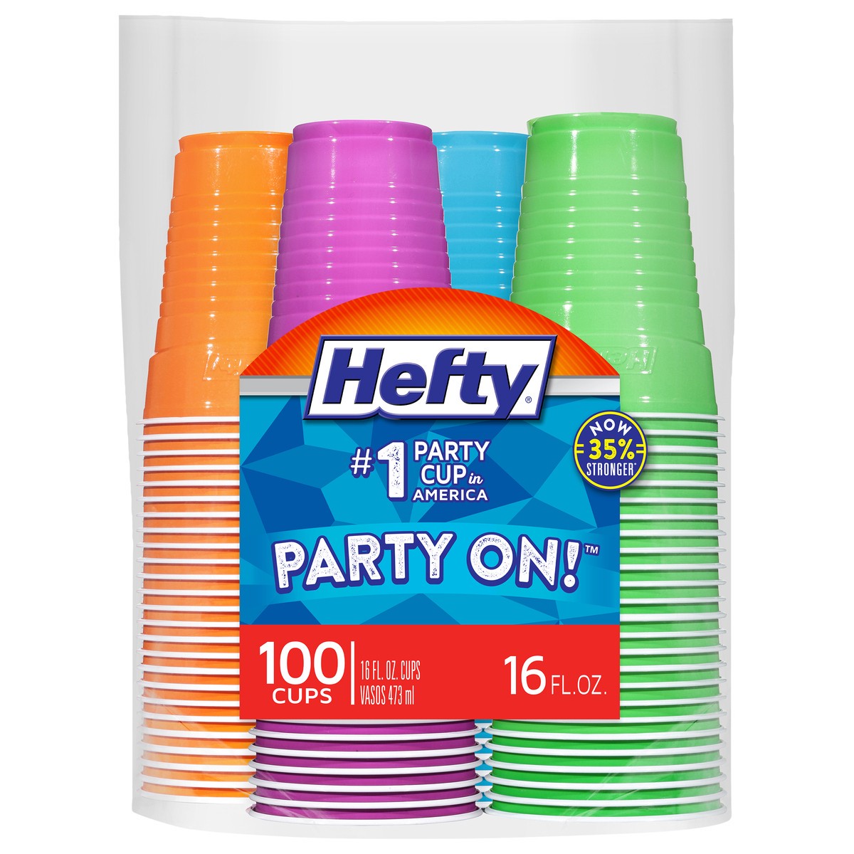 slide 10 of 10, Hefty Party On Disposable Plastic Cups, Assorted Colors, 16 Ounce, 100 Count, 1.98 lb