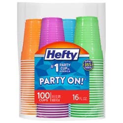 Hefty Party On Disposable Plastic Cups, Assorted Colors, 16 oz, 100 Count