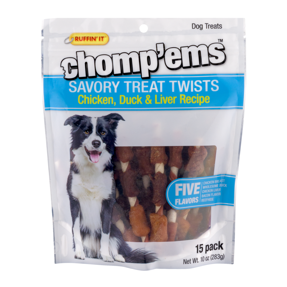 slide 1 of 1, Ruffin' It Chomp'ems Savory Treat Twists Chicken, Duck & Liver Recipe Dog Treats, 15 ct