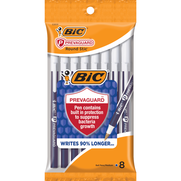 slide 1 of 4, BIC Prevaguard Round Stic Pens With Antimicrobial Additive, Medium Point, 1.0 Mm, Blue Barrel, Blue Ink, Pack Of 8 Pens, 8 ct