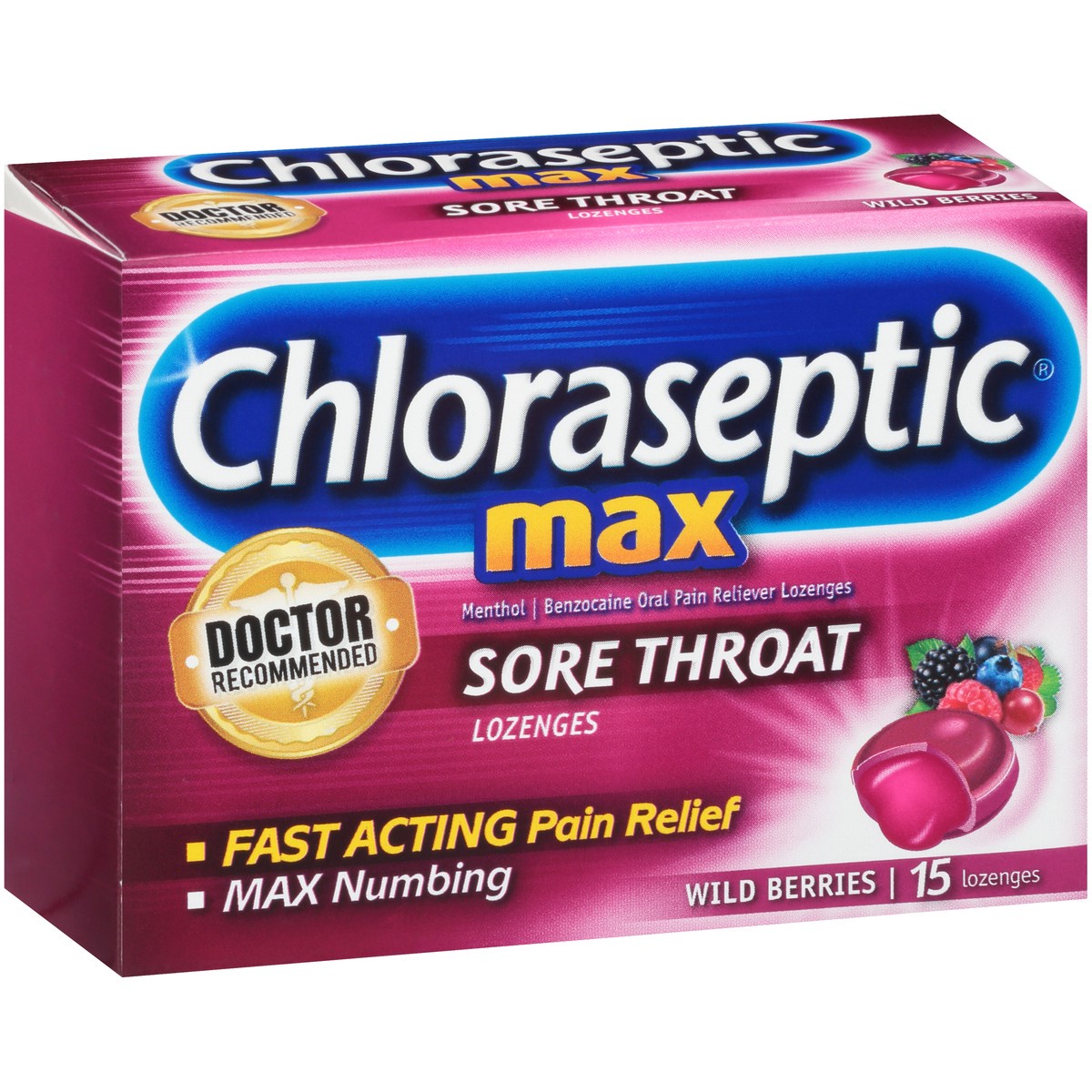 slide 6 of 10, Chloraseptic Max Strength Sore Throat Lozenges, Wild Berries Flavor Throat Remedy, 15 Count, 15 ct