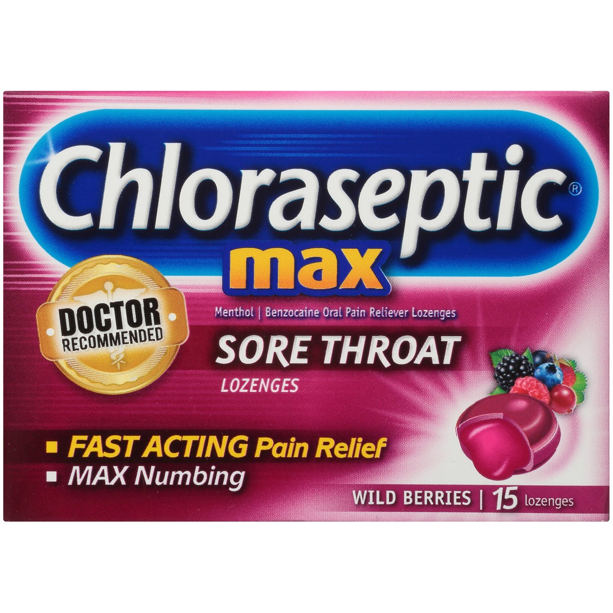 slide 5 of 10, Chloraseptic Max Strength Sore Throat Lozenges, Wild Berries Flavor Throat Remedy, 15 Count, 15 ct