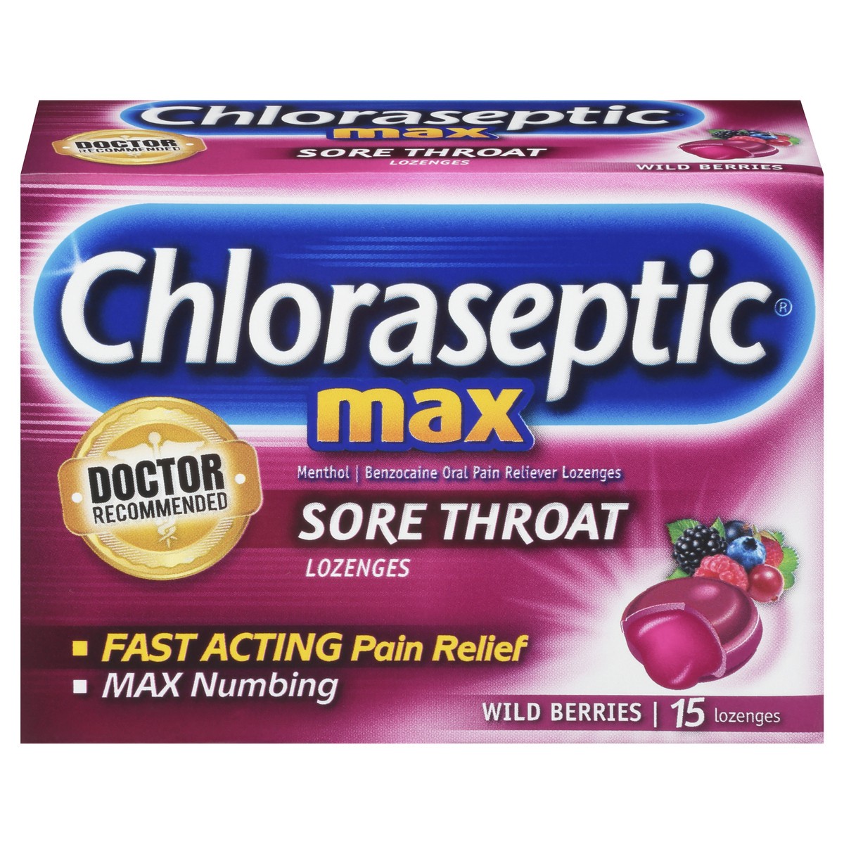 slide 3 of 10, Chloraseptic Max Strength Sore Throat Lozenges, Wild Berries Flavor Throat Remedy, 15 Count, 15 ct