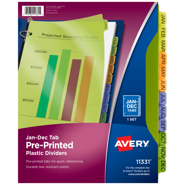 slide 1 of 7, Avery Preprinted Tab Dividers, Jan-Dec Tabs, Assorted Colors, 1 ct