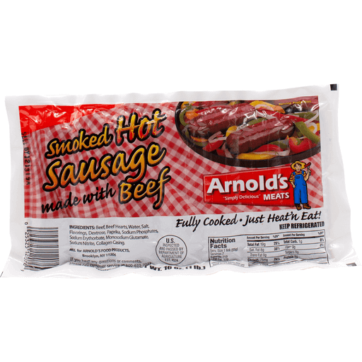 slide 1 of 1, Arnold's Hot Beef Sausage, 16 oz