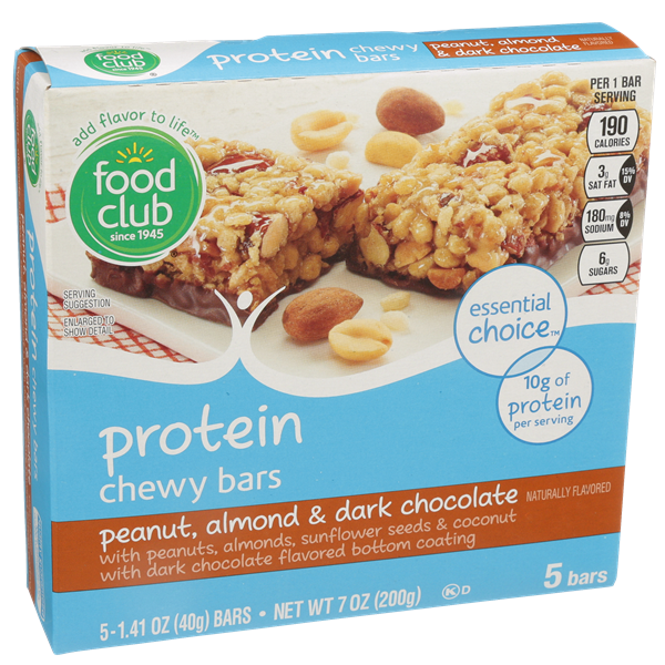 slide 1 of 1, Food Club Peanut, Almond & Dark Chocolate Protein Chewy Bars, 5 ct