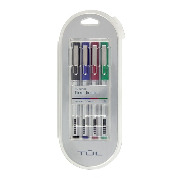 slide 1 of 1, TUL Fine Liner Felt-Tip Pens, Fine Point, 1.0 Mm, Silver Barrels, Assorted Inks, Pack Of 4 Pens, 4 ct
