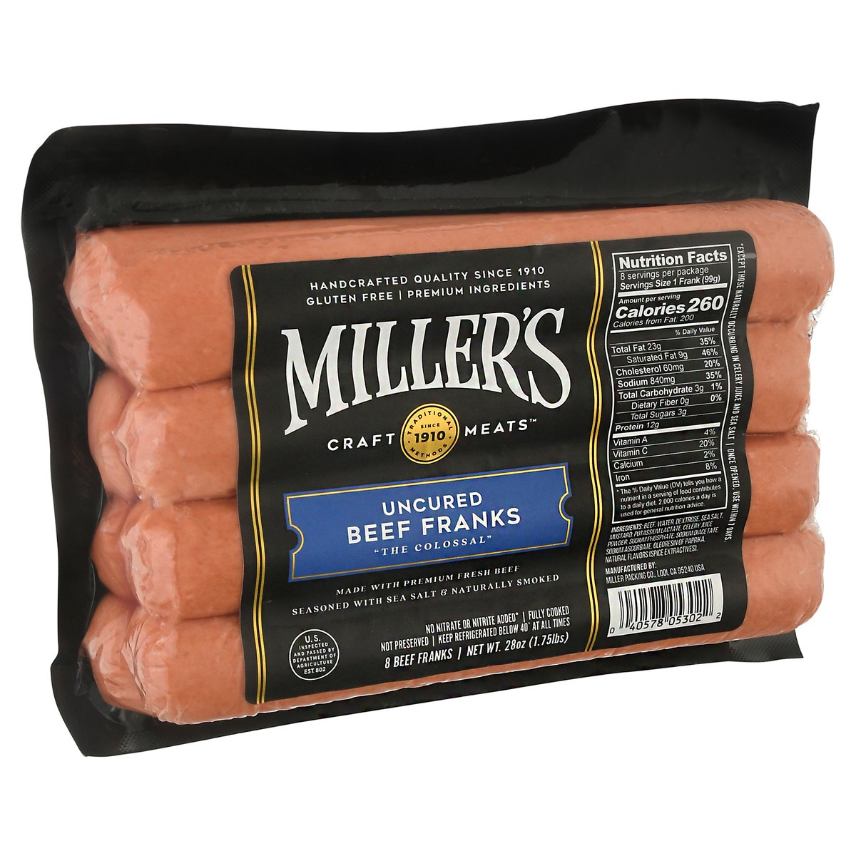 slide 3 of 11, Miller's Uncured Beef Franks 8 ea, 