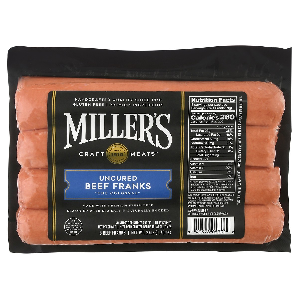 slide 1 of 11, Miller's Uncured Beef Franks 8 ea, 