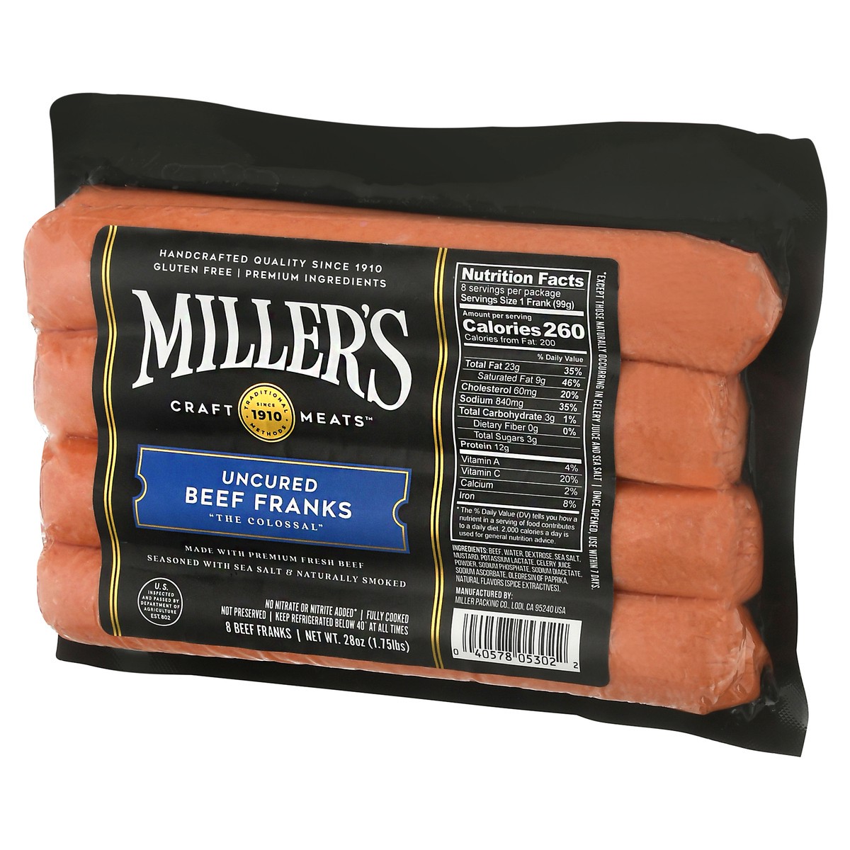 slide 11 of 11, Miller's Uncured Beef Franks 8 ea, 