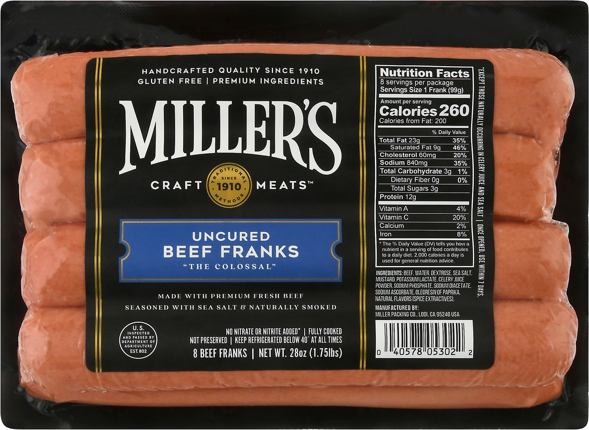 slide 1 of 11, Miller's Uncured Beef Franks 8 ea, 8 ct