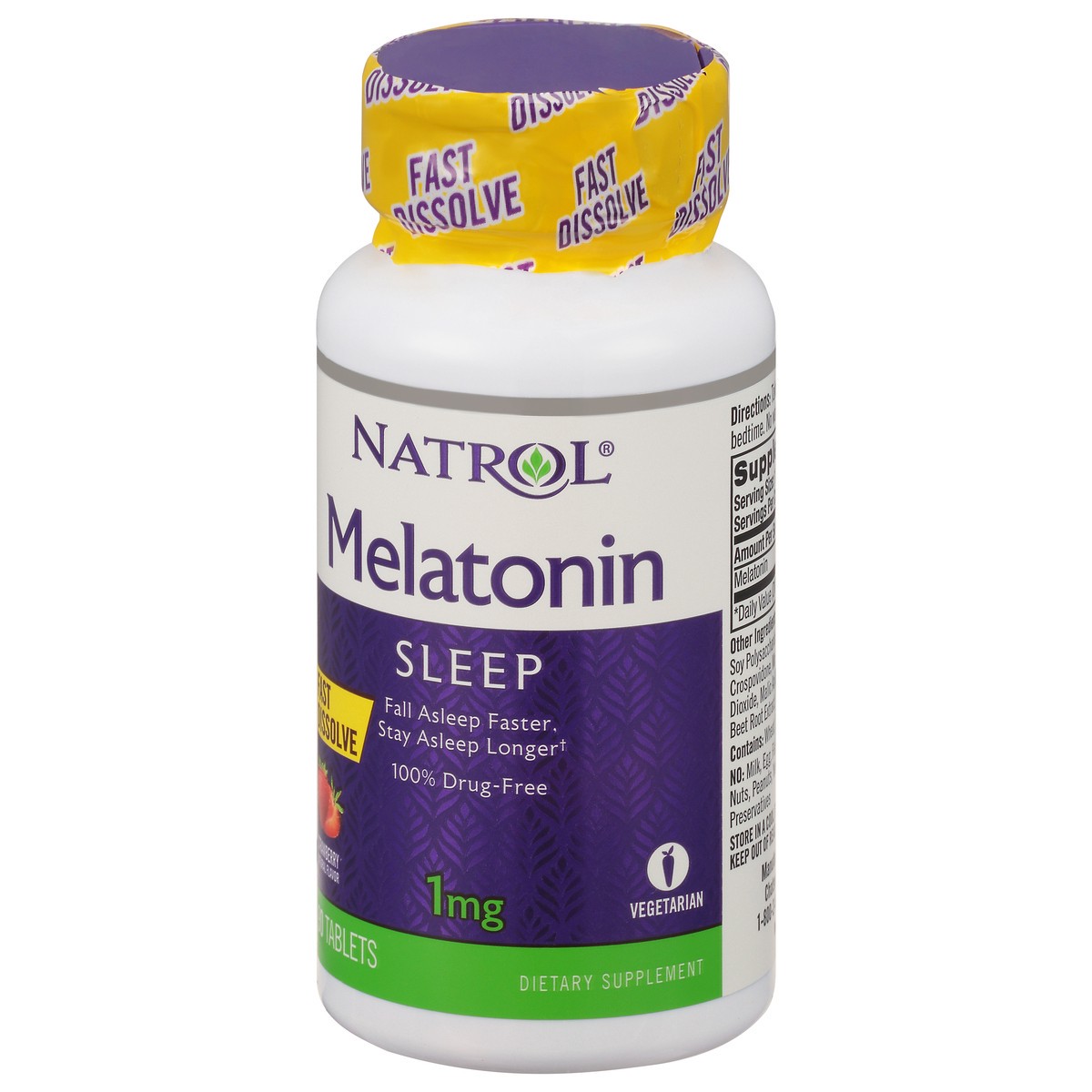 slide 7 of 9, Natrol Melatonin 1mg, Strawberry-Flavored Dietary Supplement for Restful Sleep, 90 Fast-Dissolve Tablets, 90 Day Supply, 90 ct
