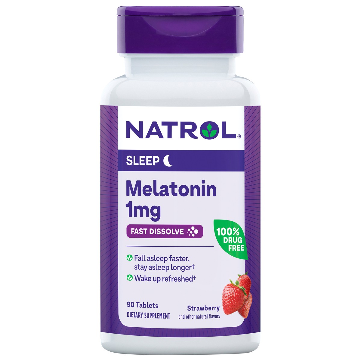 slide 1 of 9, Natrol Melatonin 1mg, Strawberry-Flavored Dietary Supplement for Restful Sleep, 90 Fast-Dissolve Tablets, 90 Day Supply, 90 ct