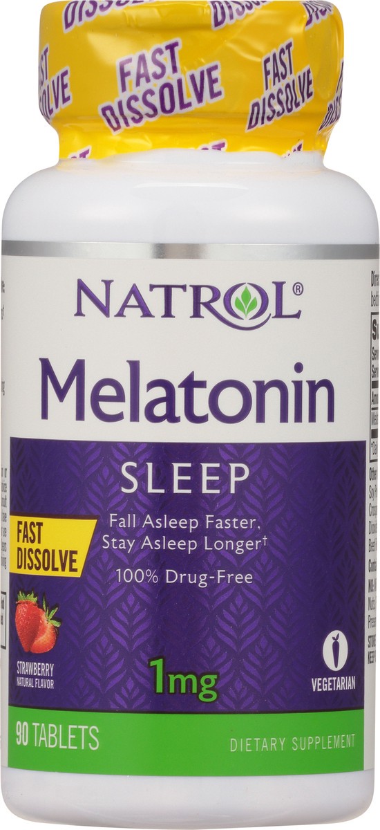 slide 4 of 9, Natrol Melatonin 1mg, Strawberry-Flavored Dietary Supplement for Restful Sleep, 90 Fast-Dissolve Tablets, 90 Day Supply, 90 ct