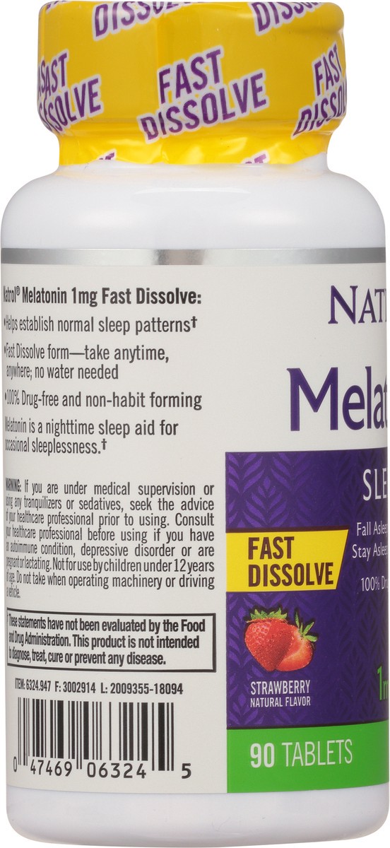 slide 5 of 9, Natrol Melatonin 1mg, Strawberry-Flavored Dietary Supplement for Restful Sleep, 90 Fast-Dissolve Tablets, 90 Day Supply, 90 ct