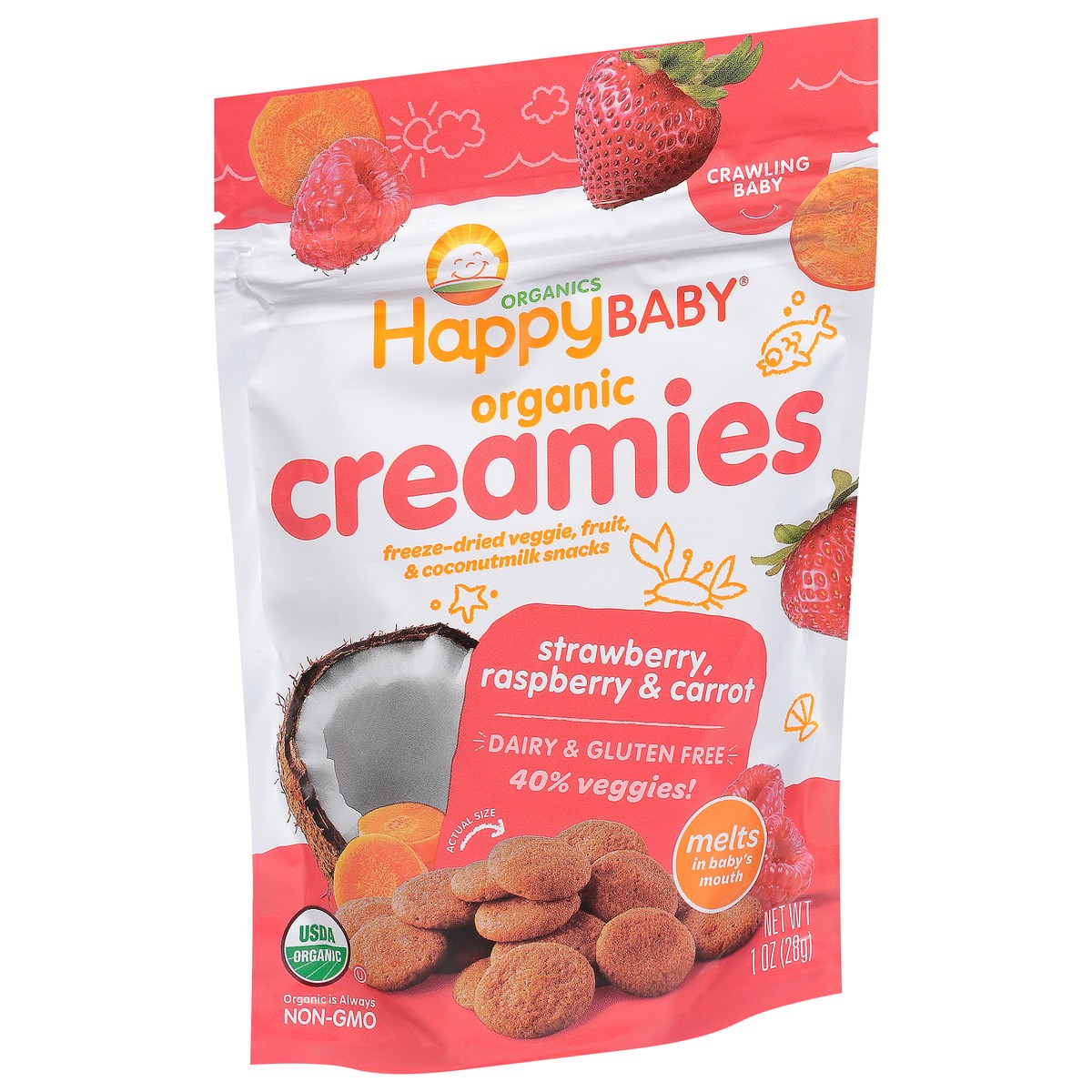 slide 2 of 9, Happy Baby Happy Family HappyBaby Creamies Strawberry Raspberry & Carrot Freeze-Dried Snacks - 1oz, 1 oz