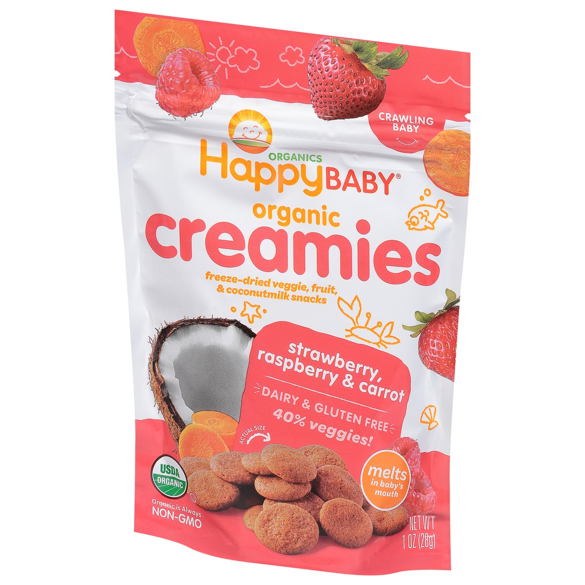slide 3 of 9, Happy Baby Happy Family HappyBaby Creamies Strawberry Raspberry & Carrot Freeze-Dried Snacks - 1oz, 1 oz