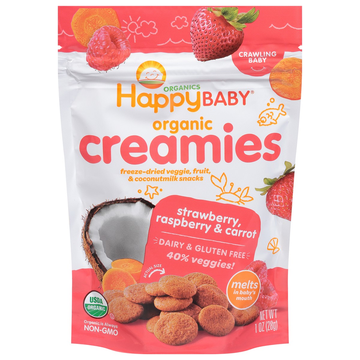 slide 1 of 9, Happy Baby Happy Family HappyBaby Creamies Strawberry Raspberry & Carrot Freeze-Dried Snacks - 1oz, 1 oz
