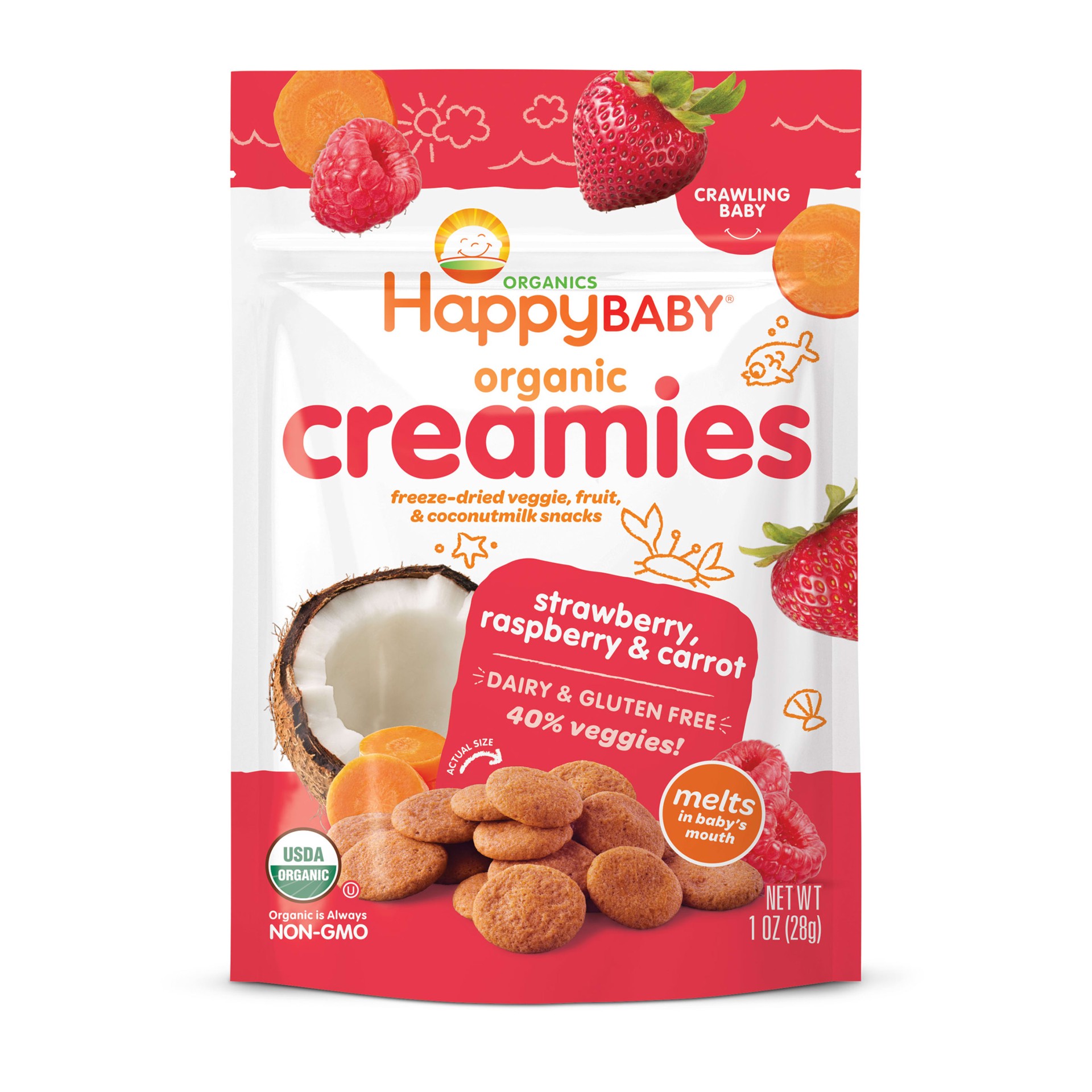 slide 1 of 9, Happy Baby Organics Organic Creamies Freeze-Dried Veggie, Fruit & Coconut Milk Snacks Strawberry, Raspberry & Carrot 1 oz UNIT, 1 oz