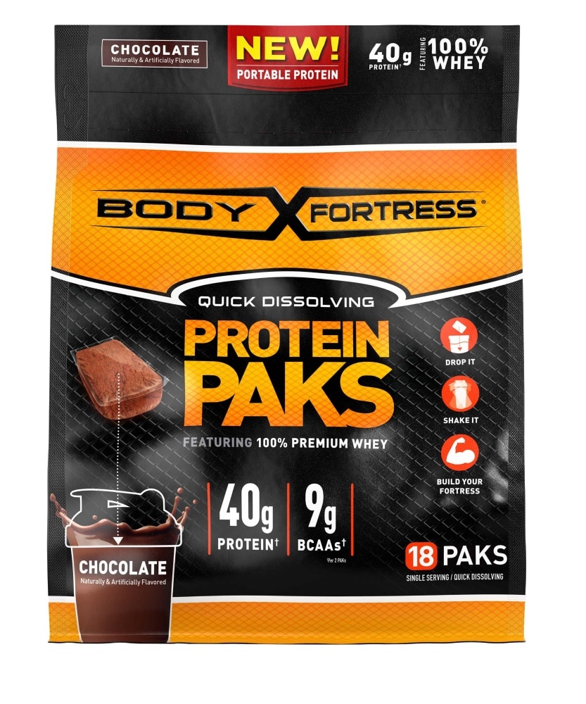 slide 1 of 1, Body Fortress Chocolate Protein Paks, 18 ct