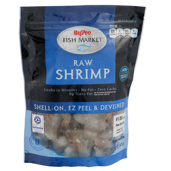 slide 1 of 1, Hy-vee Fish Market Shell-on, Ez Peel & Deveined Raw Shrimp, 12 oz