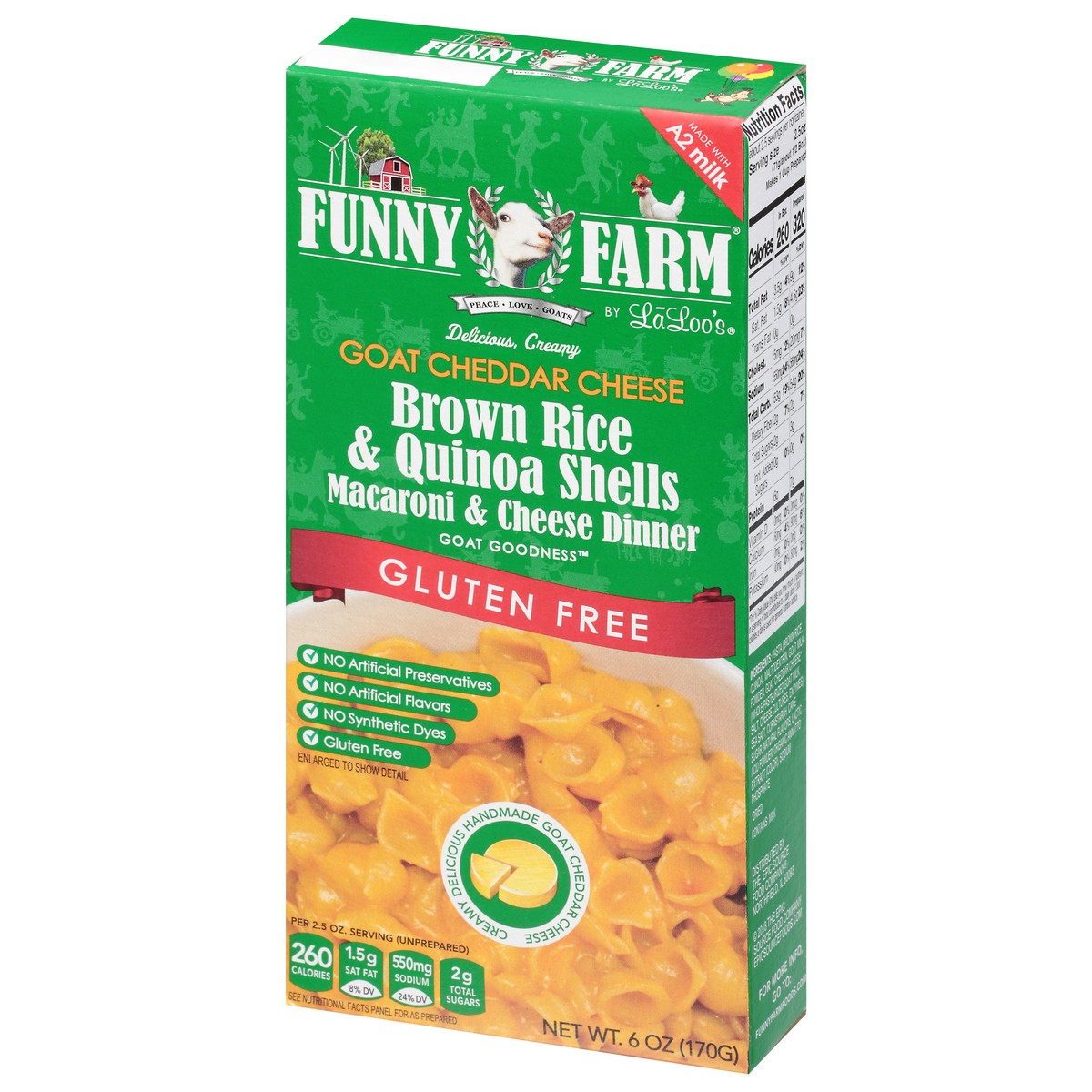 slide 6 of 14, Funny Farm Gluten Free Goat Cheddar Cheese Brown Rice & Quinoa Shells Macaroni & Cheese Dinner, 6 oz