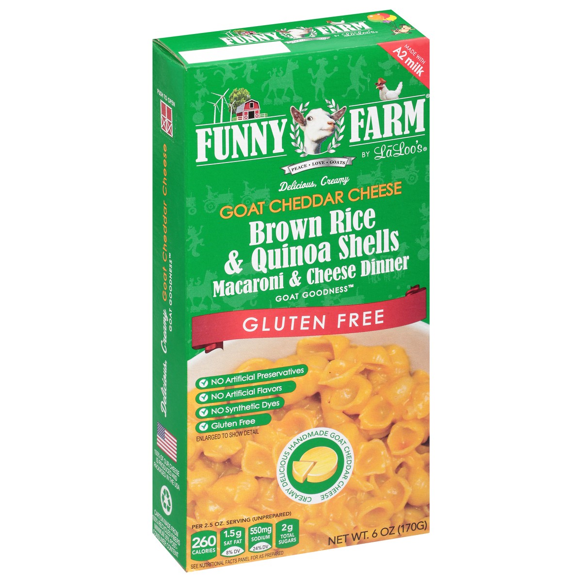 slide 4 of 14, Funny Farm Gluten Free Goat Cheddar Cheese Brown Rice & Quinoa Shells Macaroni & Cheese Dinner, 6 oz