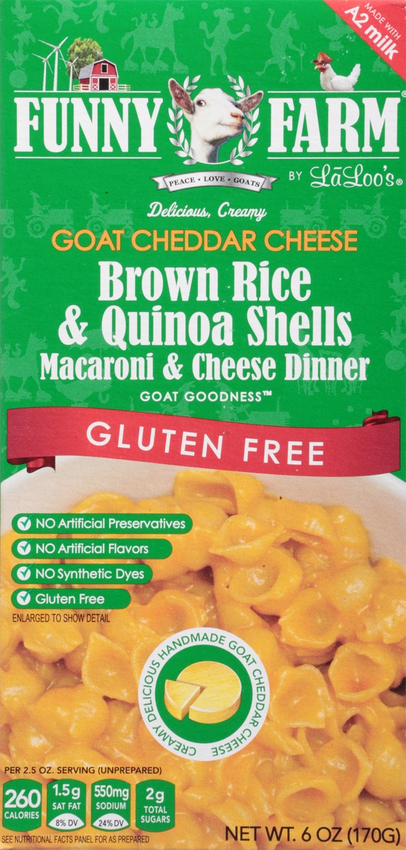 slide 8 of 14, Funny Farm Gluten Free Goat Cheddar Cheese Brown Rice & Quinoa Shells Macaroni & Cheese Dinner, 6 oz