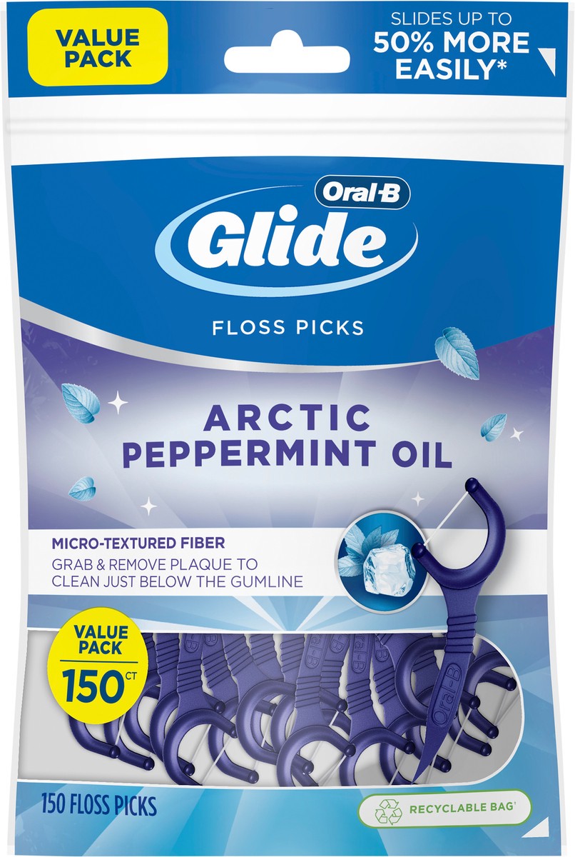 slide 4 of 4, Oral-B Glide Peppermint Dental Floss Picks with Arctic Peppermint Oil Flavor, 150 Picks, 150 ct