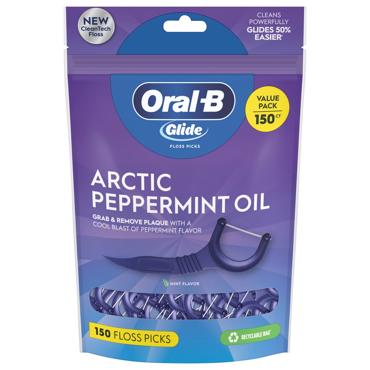 slide 1 of 4, Oral-B Glide Peppermint Dental Floss Picks with Arctic Peppermint Oil Flavor, 150 Picks, 150 ct