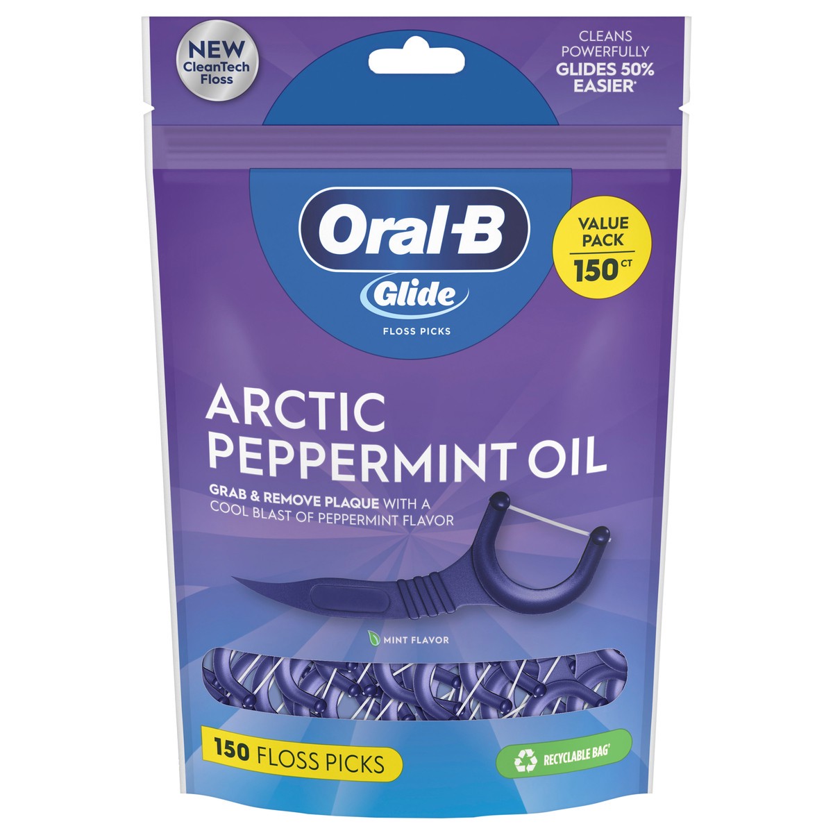 slide 1 of 4, Oral-B Glide Peppermint Dental Floss Picks with Arctic Peppermint Oil Flavor, 150 Picks, 150 ct