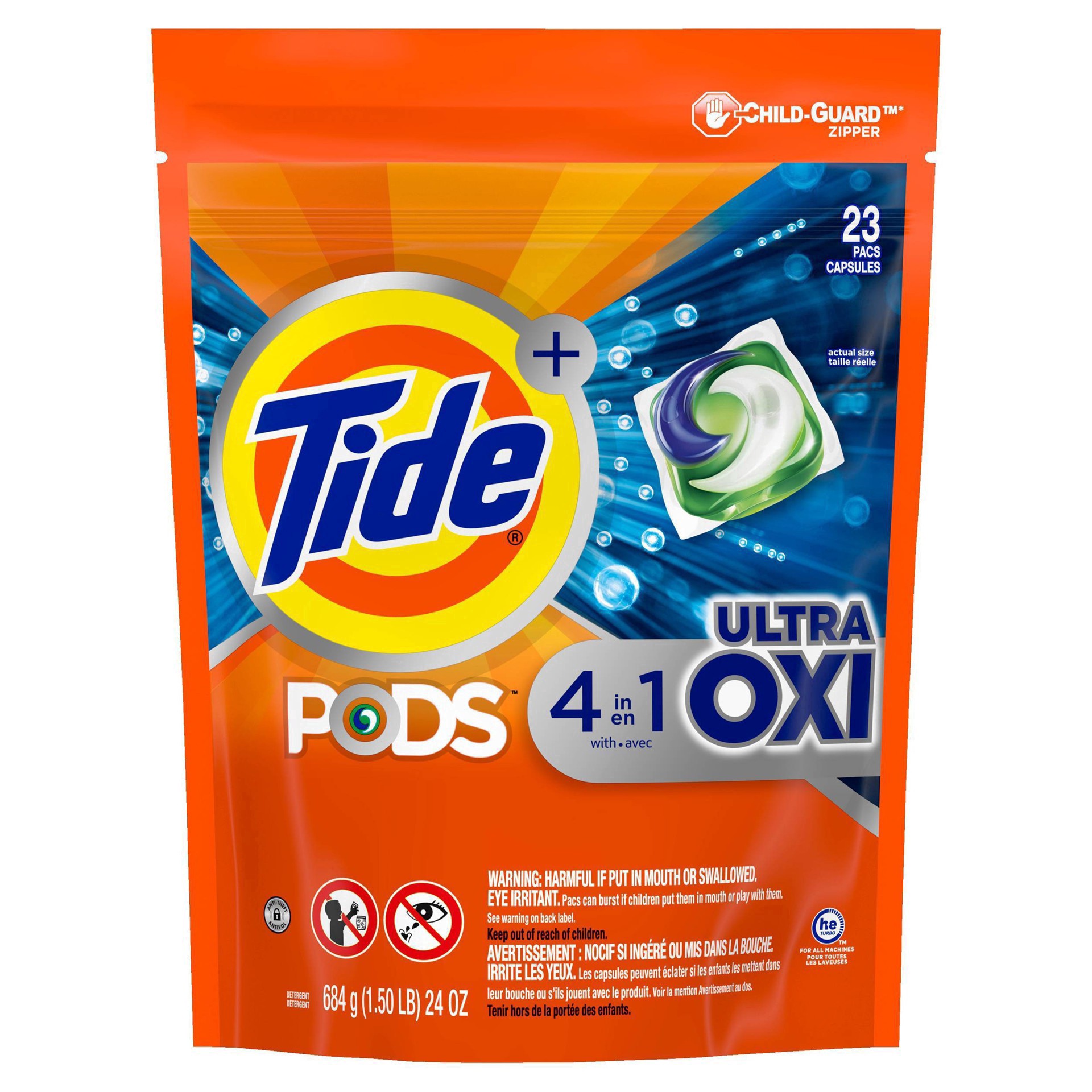 slide 6 of 18, Tide PODS Liquid Laundry Detergent Soap Pacs, 4-n-1 Ultra Oxi, HE Compatible 23 Count, Built in Pre-treater for Stains, 23 ct