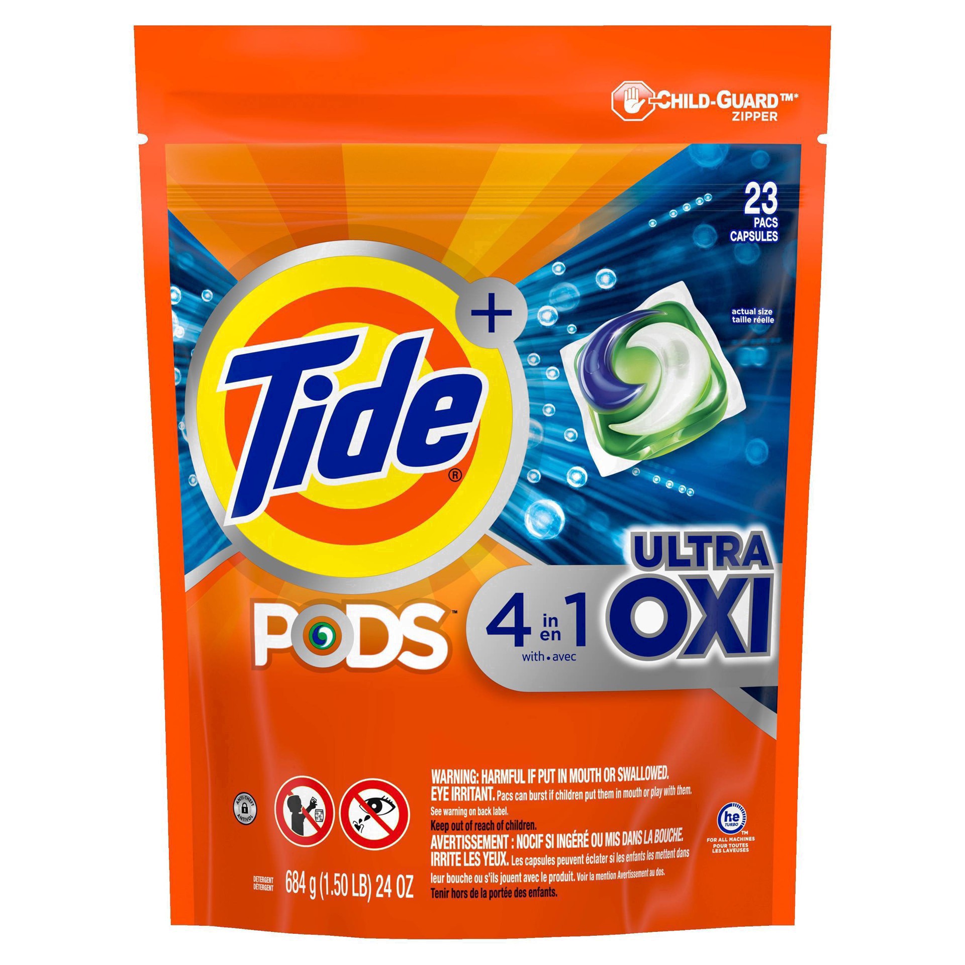 slide 4 of 18, Tide PODS Liquid Laundry Detergent Soap Pacs, 4-n-1 Ultra Oxi, HE Compatible 23 Count, Built in Pre-treater for Stains, 23 ct