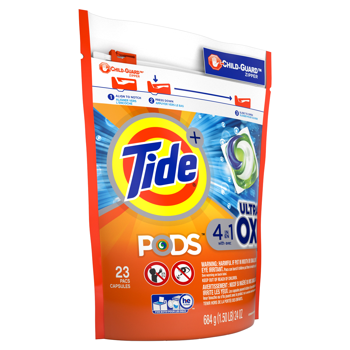 slide 17 of 18, Tide PODS Liquid Laundry Detergent Soap Pacs, 4-n-1 Ultra Oxi, HE Compatible 23 Count, Built in Pre-treater for Stains, 23 ct