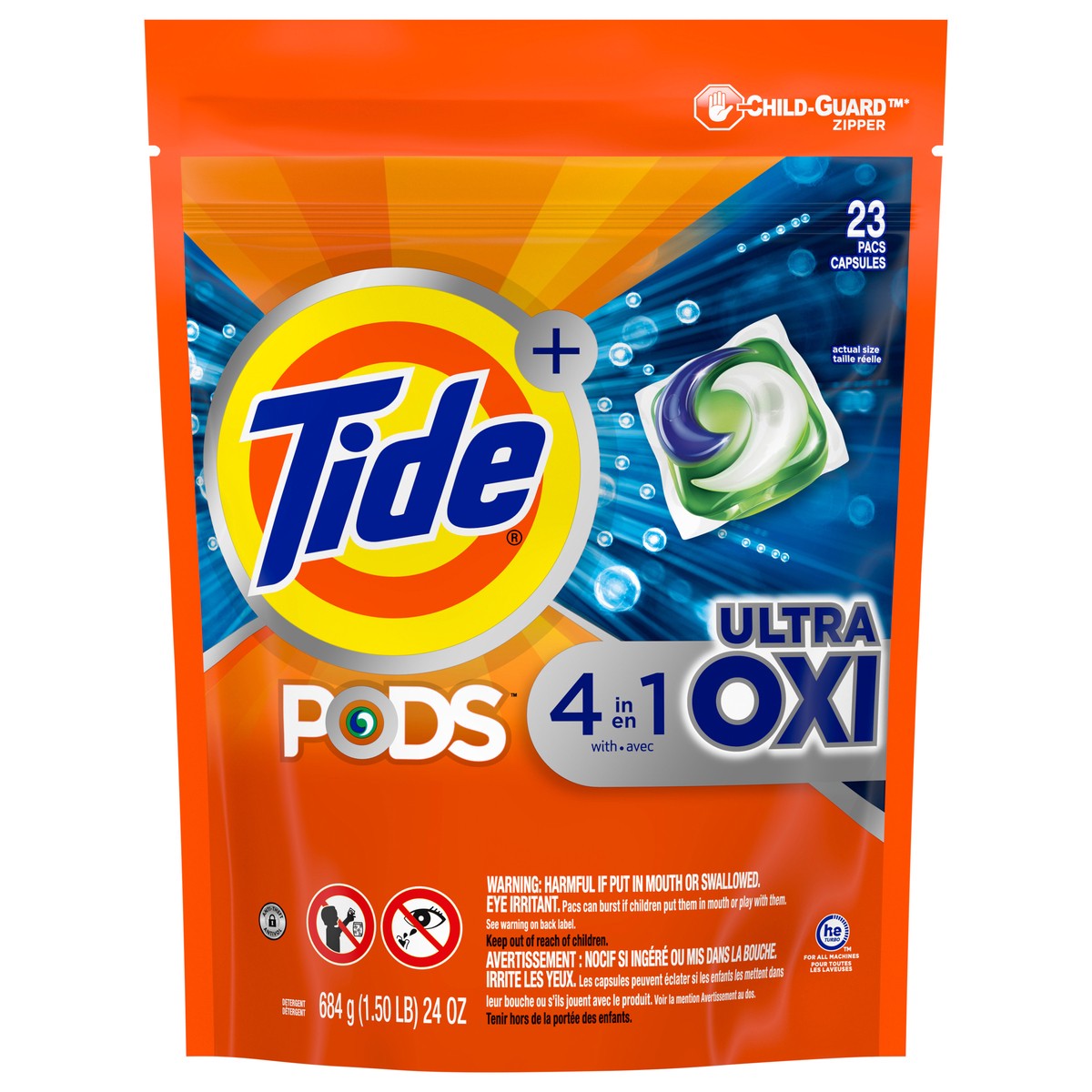 slide 1 of 18, Tide PODS Liquid Laundry Detergent Soap Pacs, 4-n-1 Ultra Oxi, HE Compatible 23 Count, Built in Pre-treater for Stains, 23 ct