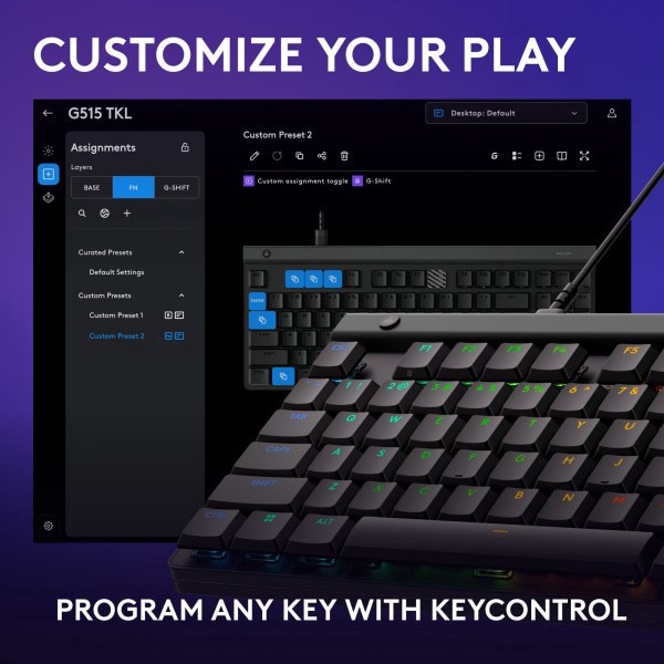 slide 3 of 8, Logitech G515 Tkl Wired Low Profile Gaming Keyboard, Fully Customizable Rgb, Double-Shot Pbt Keycaps, Tactile/Brown Switches, 1 ct
