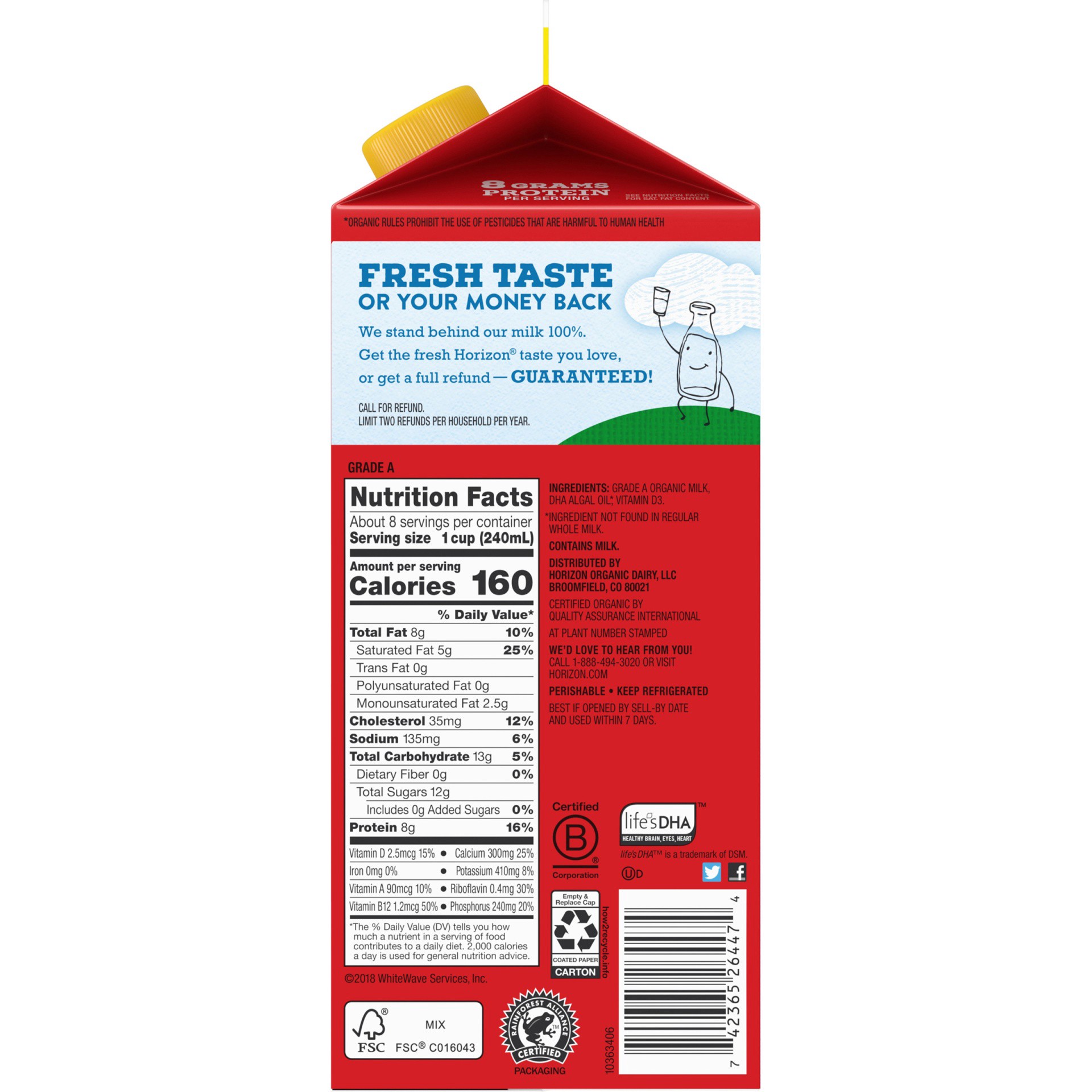 slide 3 of 8, Horizon Organic DHA Omega-3 Whole Milk, 64 fl oz Half Gallon Carton, 64 fl oz