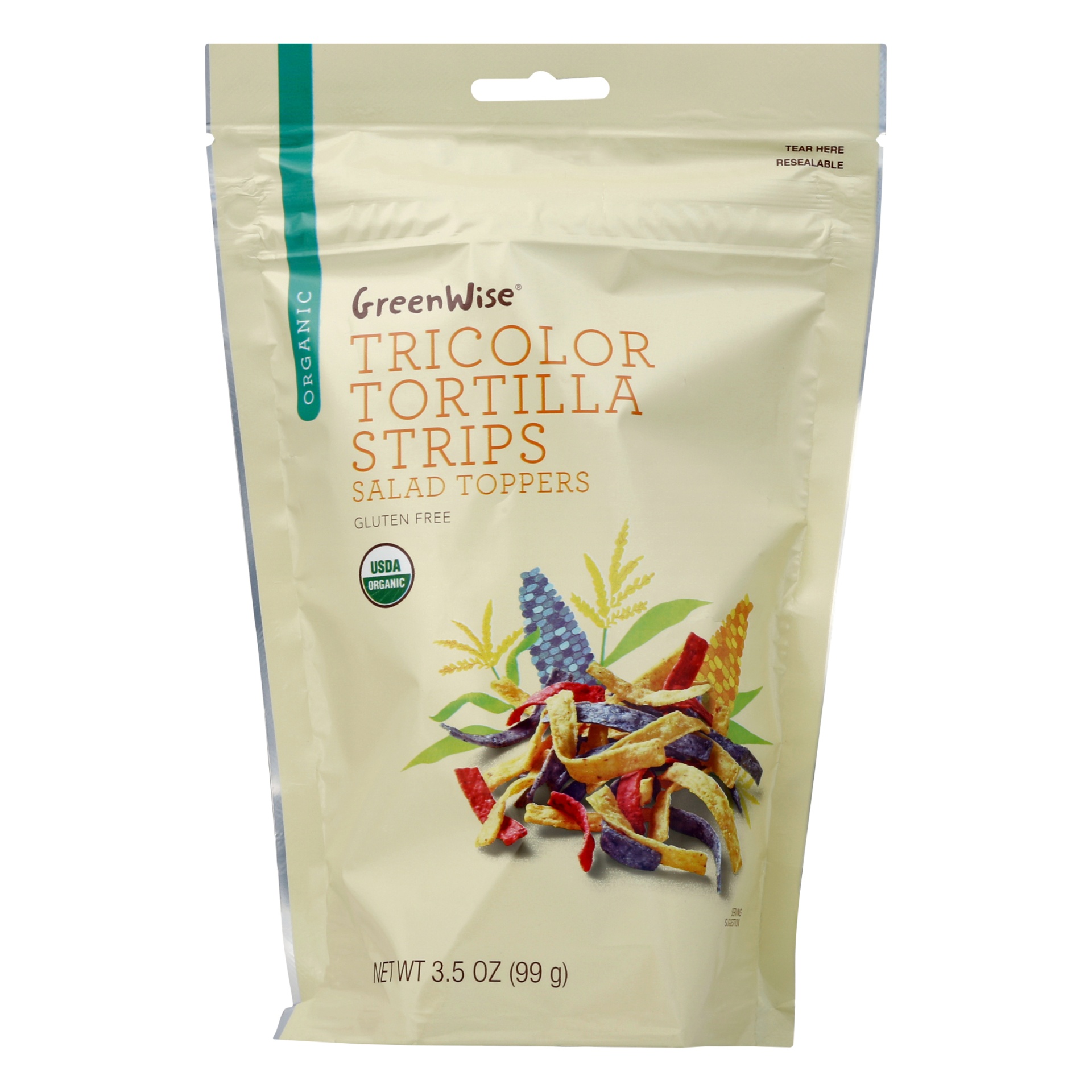 slide 1 of 1, GreenWise Tricolor Tortilla Strips Organic Salad Toppers, 3.5 oz